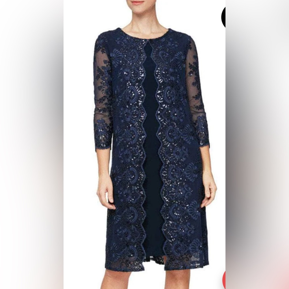 Alex Evenings Navy Sequin Lace‎ Jacket Dress Set 6 NWT Wedding Party Formal